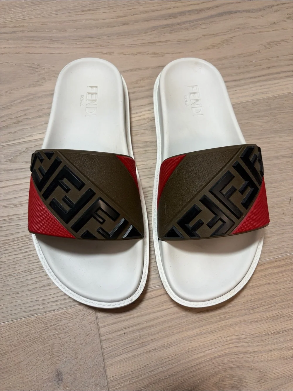 Fendi White Footbed Red & Olive Logo Slide Sandals